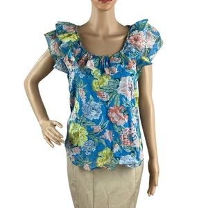 LOFT Floral Ruffle Neck Cotton Top Blue Multicolor XS
